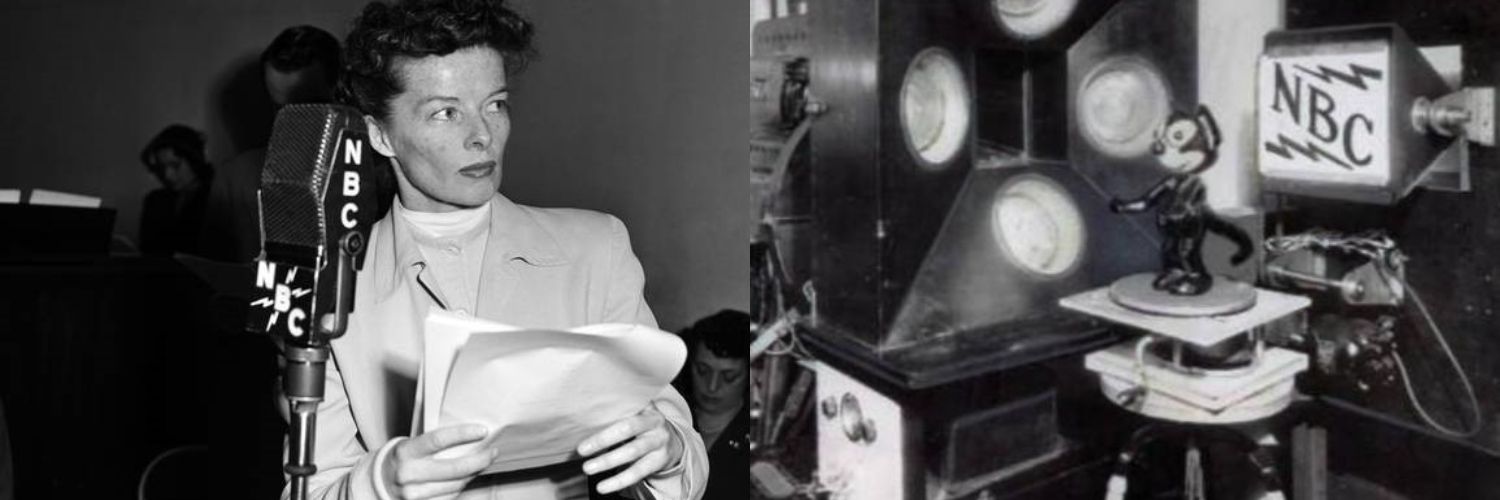 Katherine Hepburn performs on NBC radio April 10, 1950, with a microphone displaying a secondary NBC logo dating from the late 1920s.  Experimental television station W2XBS New York airs early broadcast tests in 1928 featuring a rotating Felix the Cat and one of several logo variants then in use.