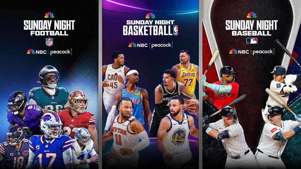 Key art graphic with Sunday Night Baseball, Sunday Night Football and Sunday Night Basketball