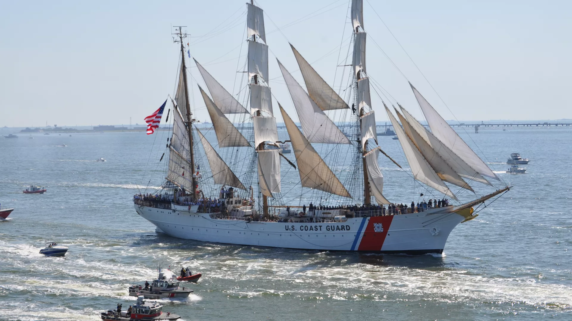 US Coast Guard 'Eagle' sails through NY Harbor for Sail4th. Photo Courtesy of Sail4th 250.